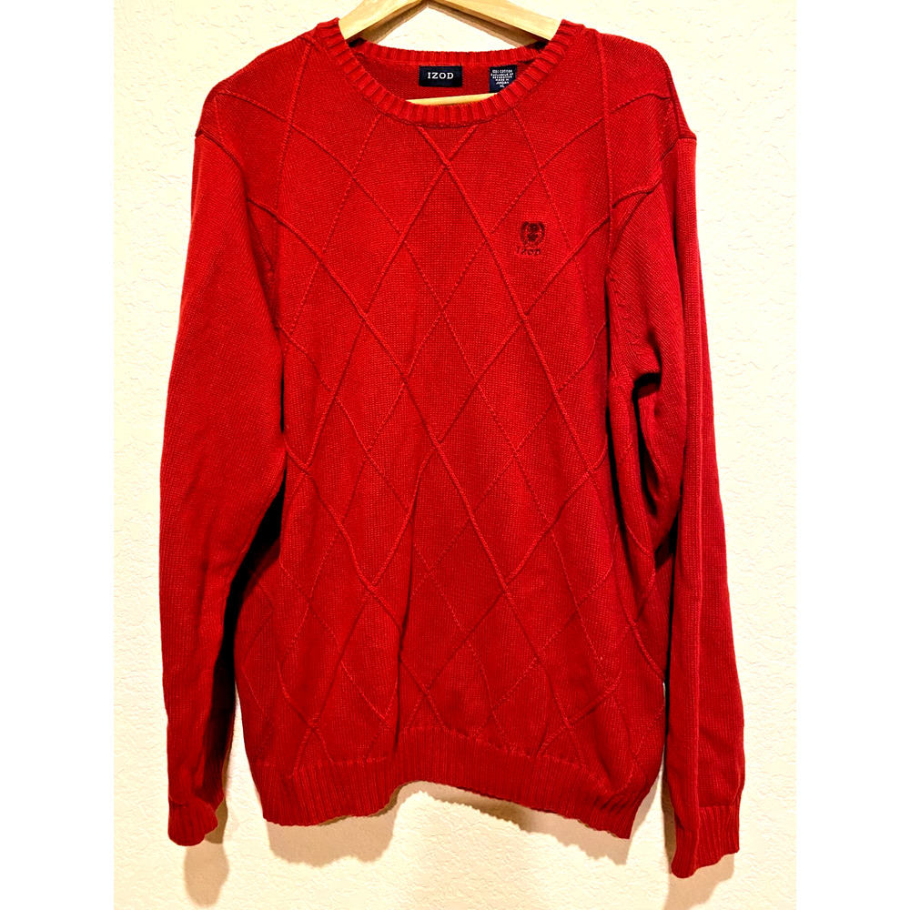 Vintage Izod Men's Red Knit Sweater Size XL Diamond Crest Preppy Holiday Festive - Picture 1 of 9